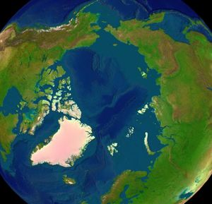 Artificially coloured topographical map of the Arctic region