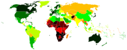 World map showing life expectancy.