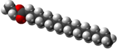 Space-filling model of Ethyl Stearate, or Stearic Acid Ethyl Ester, an Ethyl Ester produced from Soybean or Canola oil and Ethanol.