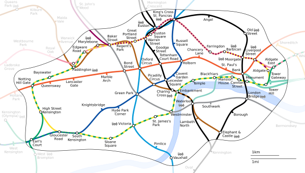 Zone 1 (central zone) of the Underground (and DLR) network in a more geographically accurate layout than the usual Tube map, using the same style