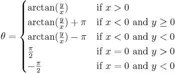 \theta = 
\begin{cases}
\arctan(\frac{y}{x}) & \mbox{if } x > 0\\
\arctan(\frac{y}{x}) + \pi & \mbox{if } x < 0 \mbox{ and } y \ge 0\\
\arctan(\frac{y}{x}) - \pi & \mbox{if } x < 0 \mbox{ and } y < 0\\
\frac{\pi}{2} & \mbox{if } x = 0 \mbox{ and } y > 0\\
-\frac{\pi}{2} & \mbox{if } x = 0 \mbox{ and } y < 0
\end{cases}