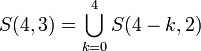 
   \displaystyle 
   S(4,3) 
   =
   \bigcup_{k=0}^{4}
   S(4-k,2)
