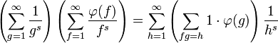 \left(\sum_{g=1}^\infty \frac{1}{g^s}\right) \left(\sum_{f=1}^\infty \frac{\varphi(f)}{f^s}\right) = \sum_{h=1}^\infty \left(\sum_{fg=h} 1 \cdot \varphi(g)\right) \frac{1}{h^s}