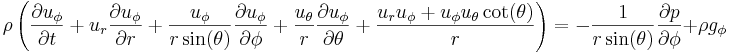 
\rho \left(\frac{\partial u_{\phi}}{\partial t} + u_r \frac{\partial u_{\phi}}{\partial r} + \frac{u_{\phi}}{r \sin(\theta)} \frac{\partial u_{\phi}}{\partial \phi} + \frac{u_{\theta}}{r} \frac{\partial u_{\phi}}{\partial \theta} + \frac{u_r u_{\phi} + u_{\phi} u_{\theta} \cot(\theta)}{r}\right) = -\frac{1}{r \sin(\theta)} \frac{\partial p}{\partial \phi} + \rho g_{\phi}