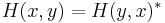 
H(x,y) = H(y,x)^*
\,