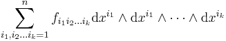  \sum_{i_1,i_2\ldots i_k=1}^n f_{i_1i_2\ldots i_k} \mathrm d x^{i_1} \wedge\mathrm d x^{i_1} \wedge\cdots \wedge \mathrm d x^{i_k}