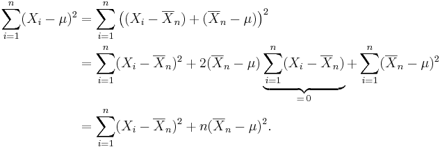 
\begin{align}
\sum_{i=1}^n (X_i-\mu)^2
&=\sum_{i=1}^n\bigl((X_i-\overline{X}_n)+(\overline{X}_n-\mu)\bigr)^2\\
&=\sum_{i=1}^n(X_i-\overline{X}_n)^2 + 2(\overline{X}_n-\mu)\underbrace{\sum_{i=1}^n (X_i-\overline{X}_n)}_{=\,0} + \sum_{i=1}^n (\overline{X}_n-\mu)^2\\
&=\sum_{i=1}^n(X_i-\overline{X}_n)^2 + n(\overline{X}_n-\mu)^2.
\end{align}
