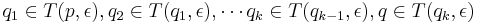 q_{1}\in T(p,\epsilon), q_{2}\in T(q_{1},\epsilon),\cdots q_{k}\in T(q_{k-1},\epsilon), q\in T(q_{k},\epsilon)