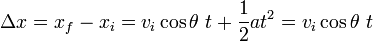 \Delta x = x_f - x_i = v_i \cos \theta \ t + \frac{1}{2} at^2 = v_i \cos \theta \ t