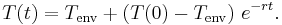  T(t) = T_{\mathrm{env}} + (T(0) - T_{\mathrm{env}}) \ e^{-r t}. \quad 