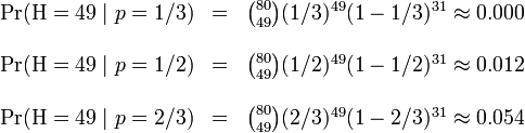 
\begin{matrix}
\Pr(\mathrm{H} = 49 \mid p=1/3) & = & \binom{80}{49}(1/3)^{49}(1-1/3)^{31} \approx 0.000 \\
&&\\
\Pr(\mathrm{H} = 49 \mid p=1/2) & = & \binom{80}{49}(1/2)^{49}(1-1/2)^{31} \approx 0.012 \\
&&\\
\Pr(\mathrm{H} = 49 \mid p=2/3) & = & \binom{80}{49}(2/3)^{49}(1-2/3)^{31} \approx 0.054 \\
\end{matrix}
