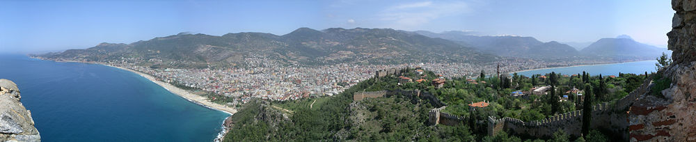 Panoramic view of Alanya, inhabited since the Hittites and the medieval homeport of the Seljuk naval forces, famous today for its natural beauty and historic monuments