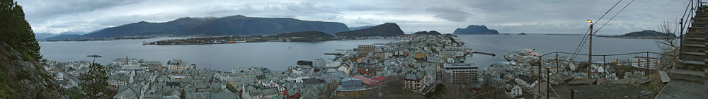 This is a 200-degree panoramic view of the town of Ålesund, Norway, from partway up Aksla, a hill that overlooks the city.