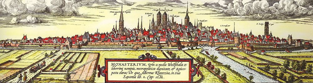 View from the south-west of Münster in 1570 as seen by Remius Hogenberg. On the left is the Überwasserkiche, in the center is St. Pauls Cathedral and to its right St. Lambert's Church, and on the far right is the Ludgerikirche