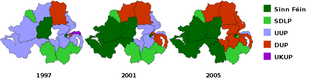 Results in Northern Ireland from the past three UK General Elections. Sinn Féin has gained three constituencies in the west.