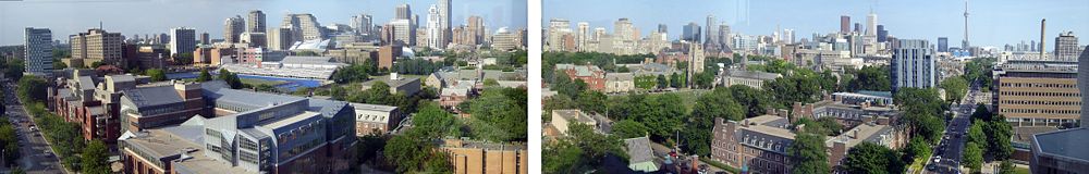 The north-central portion of the University of Toronto campus and its Downtown Toronto setting is seen from the Robarts Library building.