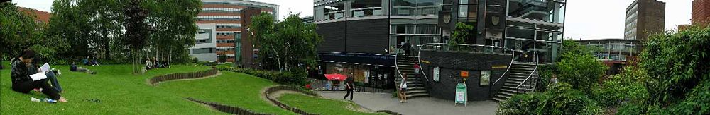 Left to right: the Hicks Building, students' union/University House (conjoined), walkway to the Octagon Centre and the Education Building (in background).