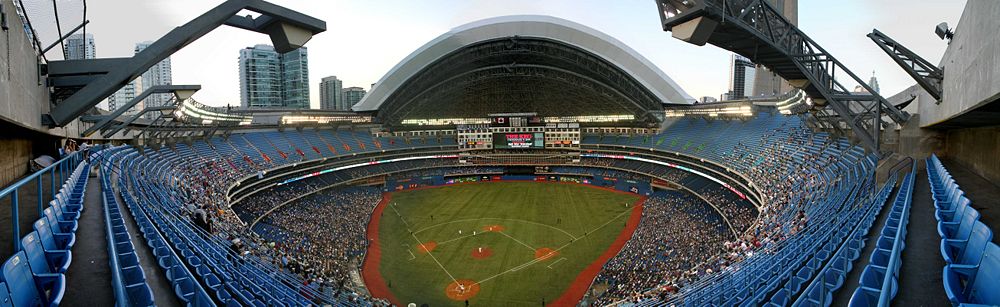 Panoramic view of Blue Jays game with open roof.