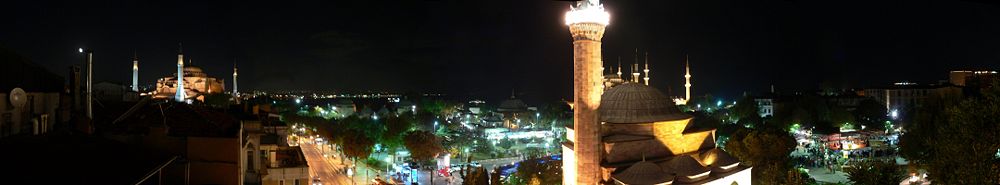 Panoramic view over modern Sultanahmet by night, with Hagia Sophia to the left and the Hippodrome in the middle (full image)