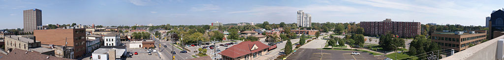 Uptown looking Northwest from the Uptown Parkade. Landmarks visible include the UW Library on the extreme left and Waterloo City Hall on the extreme right.