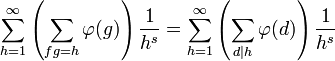 \sum_{h=1}^\infty \left(\sum_{fg=h} \varphi(g) \right) \frac{1}{h^s} = \sum_{h=1}^\infty \left(\sum_{d|h} \varphi(d) \right) \frac{1}{h^s}