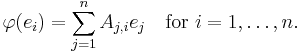 \varphi(e_i) = \sum_{j = 1}^n A_{j,i} e_j \quad\mbox{for }i=1,\ldots,n.