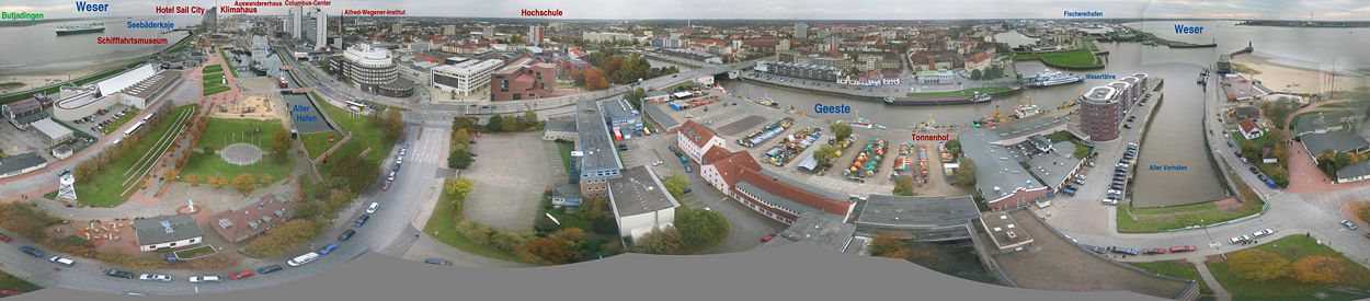 Panoramic view to Bremerhaven from Bremerhaven Radar Tower. On the left side the city including „Columbus-Center“, some tourist attractions and the de:Havenwelten just under construction