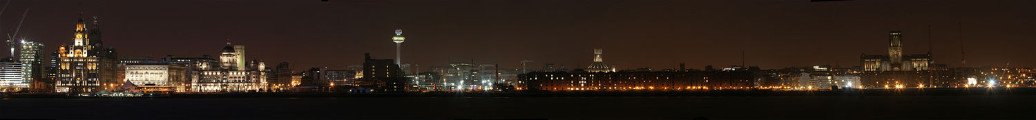 Liverpool waterfront, a UNESCO World Heritage site, as seen from the Wirral at night