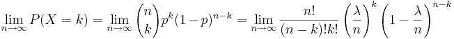 \lim_{n\to\infty} P(X=k)=\lim_{n\to\infty}{n \choose k} p^k (1-p)^{n-k}
=\lim_{n\to\infty}{n! \over (n-k)!k!} \left({\lambda \over n}\right)^k \left(1-{\lambda\over n}\right)^{n-k}