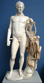 2nd century AD Roman statue of Apollo depicting the god's attributes - the lyre and the snake Python