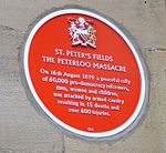 Original blue plaque commemorating the Peterloo Massacre