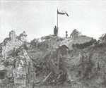 A Polish flag flying on the ruins of the Monte Cassino abbey on May 18, 1944