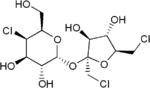 Comparison of the chemical structures of sucrose (top) and sucralose (bottom).