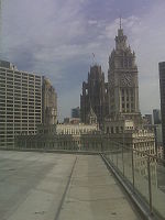 View of Wrigley Building and Tribune Tower from future patio of restaurant