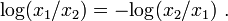  \mathrm{log}(x_1/x_2) = -\mathrm{log}(x_2/x_1) \ . 