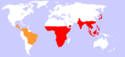 Approximate worldwide distribution of monkeys. Old World monkeys in red, New World in orange.