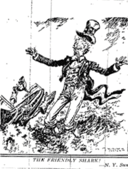 Cartoon from the Philadelphia Evening Bulletin featuring Uncle Sam and a U-boat caricatured as a shark