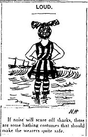 Cartoon commenting on a Victorian era bathing suit and its ability to frighten sharks