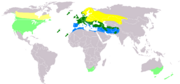 Native: yellow, breeding summer visitor; dark green, resident breeding; blue, wintering.Introduced: light yellow, breeding summer visitor; light green, resident breeding.