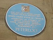 Original blue plaque commemorating the Peterloo Massacre