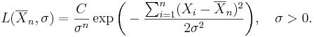 L(\overline{X}_n,\sigma) = \frac C{\sigma^n} \exp\biggl(-{\sum_{i=1}^n (X_i-\overline{X}_n)^2 \over 2\sigma^2}\biggr),
\quad\sigma>0.