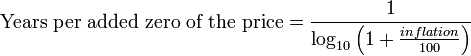 
\hbox{Years per added zero of the price} = \frac{1}{\log_{10} \left(1+ \frac{inflation}{100}\right)}
