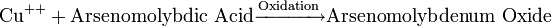 \mathrm{Cu}^{++} + \mathrm{Arsenomolybdic\ Acid}\xrightarrow{\mathrm{Oxidation}} \mathrm{Arsenomolybdenum\ Oxide}