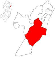 Location of Jersey City within Hudson County. Inset: Location of Hudson County highlighted within the State of New Jersey.