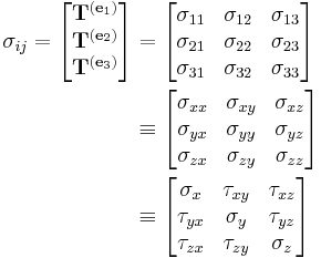 \ \begin{align}
\sigma_{ij}= \left[{\begin{matrix} \mathbf{T}^{(\mathbf{e}_1)} \\
\mathbf{T}^{(\mathbf{e}_2)} \\
\mathbf{T}^{(\mathbf{e}_3)} \\
\end{matrix}}\right] &=
 \left[{\begin{matrix}
   \sigma _{11} & \sigma _{12} & \sigma _{13} \\
   \sigma _{21} & \sigma _{22} & \sigma _{23} \\
   \sigma _{31} & \sigma _{32} & \sigma _{33} \\
  \end{matrix}}\right] \\
 &\equiv \left[{\begin{matrix}
   \sigma _{xx} & \sigma _{xy} & \sigma _{xz} \\
   \sigma _{yx} & \sigma _{yy} & \sigma _{yz} \\
   \sigma _{zx} & \sigma _{zy} & \sigma _{zz} \\
  \end{matrix}}\right] \\
&\equiv \left[{\begin{matrix}
   \sigma _x & \tau _{xy} & \tau _{xz} \\
   \tau _{yx} & \sigma _y & \tau _{yz} \\
   \tau _{zx} & \tau _{zy} & \sigma _z \\
  \end{matrix}}\right]
\end{align}
