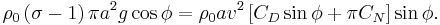 
\rho _{0}\left( {\sigma -1}\right) \pi a^{2}g\cos \phi =\rho _{0}av^{2}\left[
{C_{D}\sin \phi +\pi C_{N}}\right] \sin \phi . 
