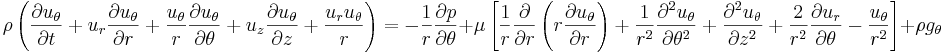 
\rho \left(\frac{\partial u_{\theta}}{\partial t} + u_r \frac{\partial u_{\theta}}{\partial r} + \frac{u_{\theta}}{r} \frac{\partial u_{\theta}}{\partial \theta} + u_z \frac{\partial u_{\theta}}{\partial z} + \frac{u_r u_{\theta}}{r}\right) = 
-\frac{1}{r}\frac{\partial p}{\partial \theta} +
\mu \left[\frac{1}{r}\frac{\partial}{\partial r}\left(r \frac{\partial u_{\theta}}{\partial r}\right) + \frac{1}{r^2}\frac{\partial^2 u_{\theta}}{\partial \theta^2} + \frac{\partial^2 u_{\theta}}{\partial z^2} + \frac{2}{r^2}\frac{\partial u_r}{\partial \theta} - \frac{u_{\theta}}{r^2}\right] + \rho g_{\theta}