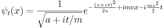 
\psi_t(x) = {1\over \sqrt{a + it/m}} e^{ - {(x + vt)^2 \over 2a} + i m v x - i {mv^2\over 2} t } 
\,