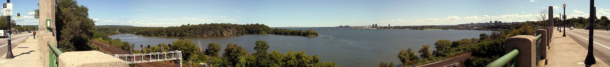 Panoramic view of Hamilton Harbour from T.B. McQuesten High Level Bridge on York Boulevard, near Harvey Park.