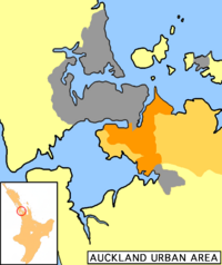 Manukau City's location (shown in orange) within the Auckland metropolitan area. The darker orange indicates the urban area.